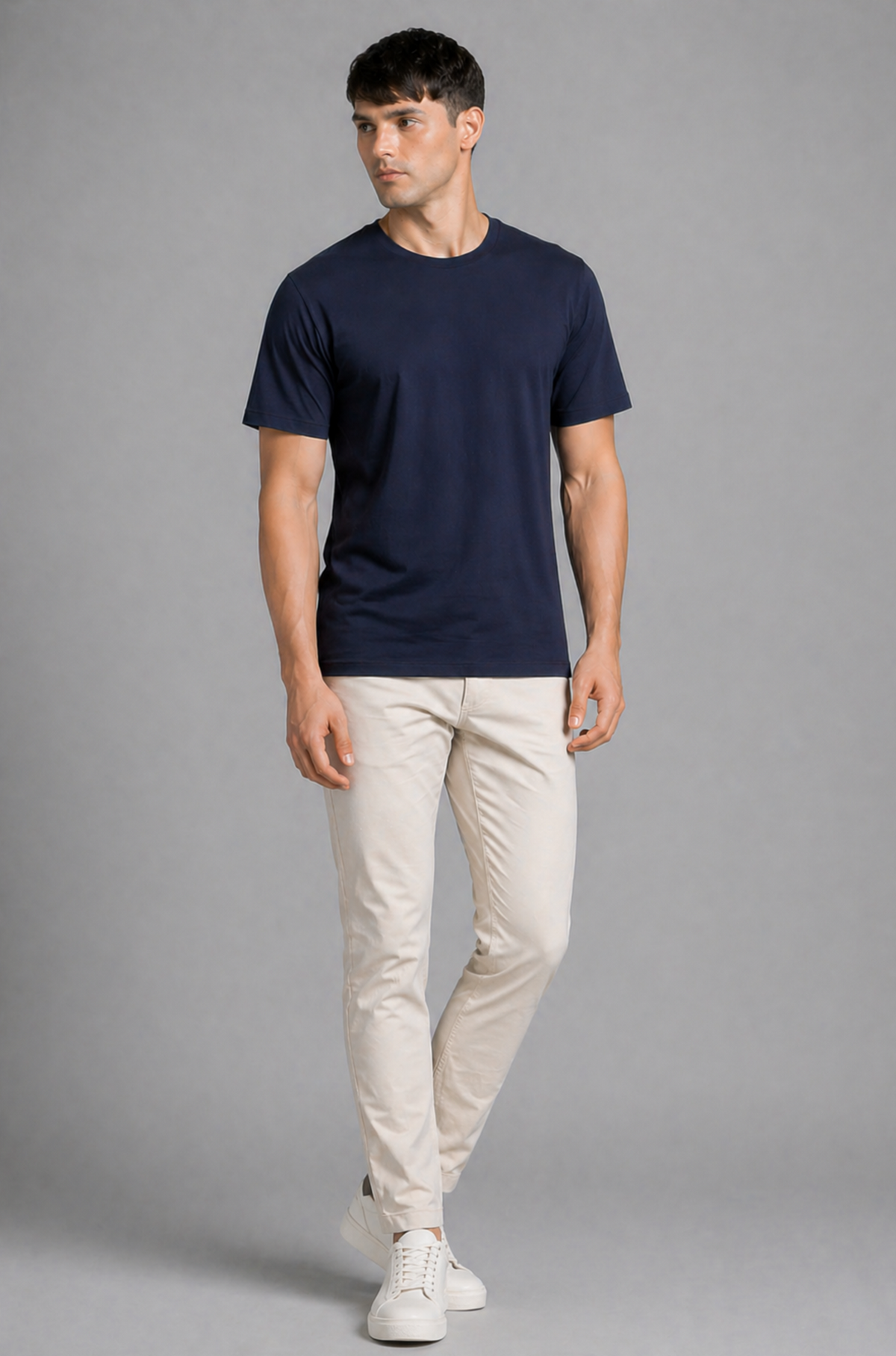 Navy blue oversized t-shirt men - walking pose full body