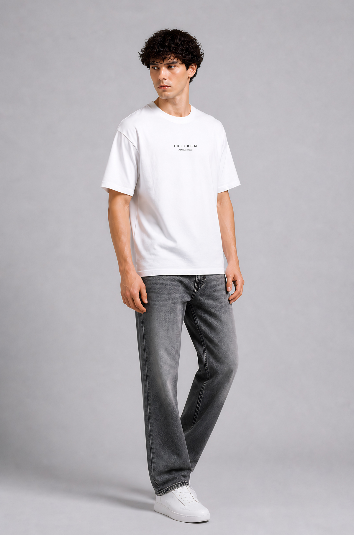 White graphic print t-shirt men - front pose standing