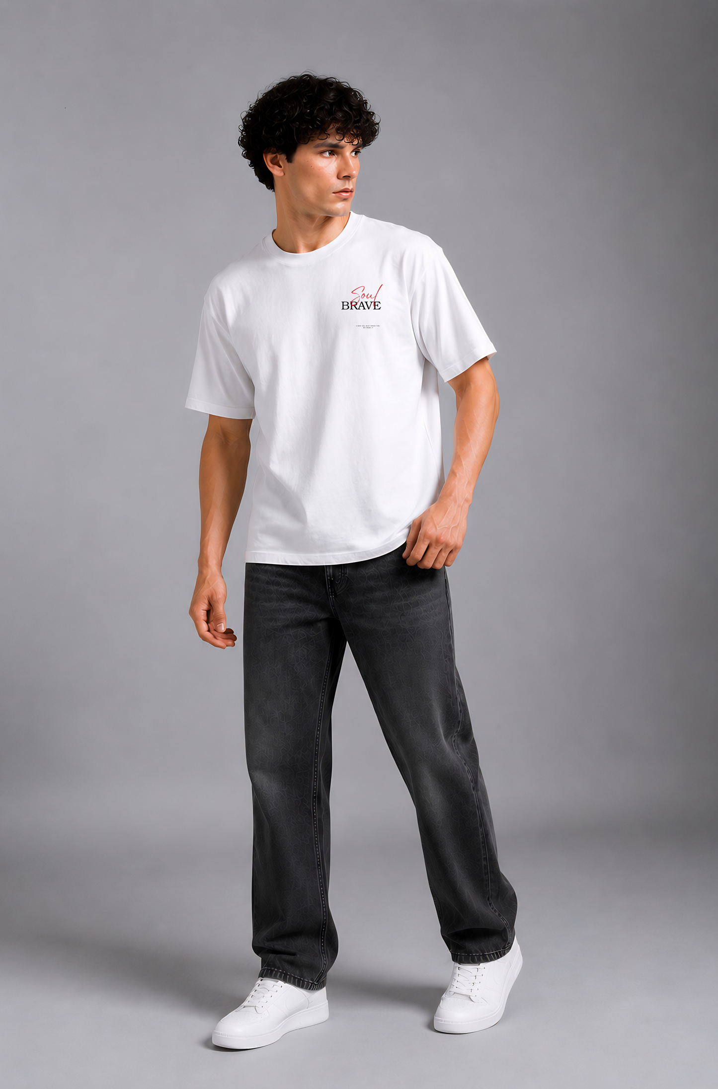 White graphic print t-shirt men - side view