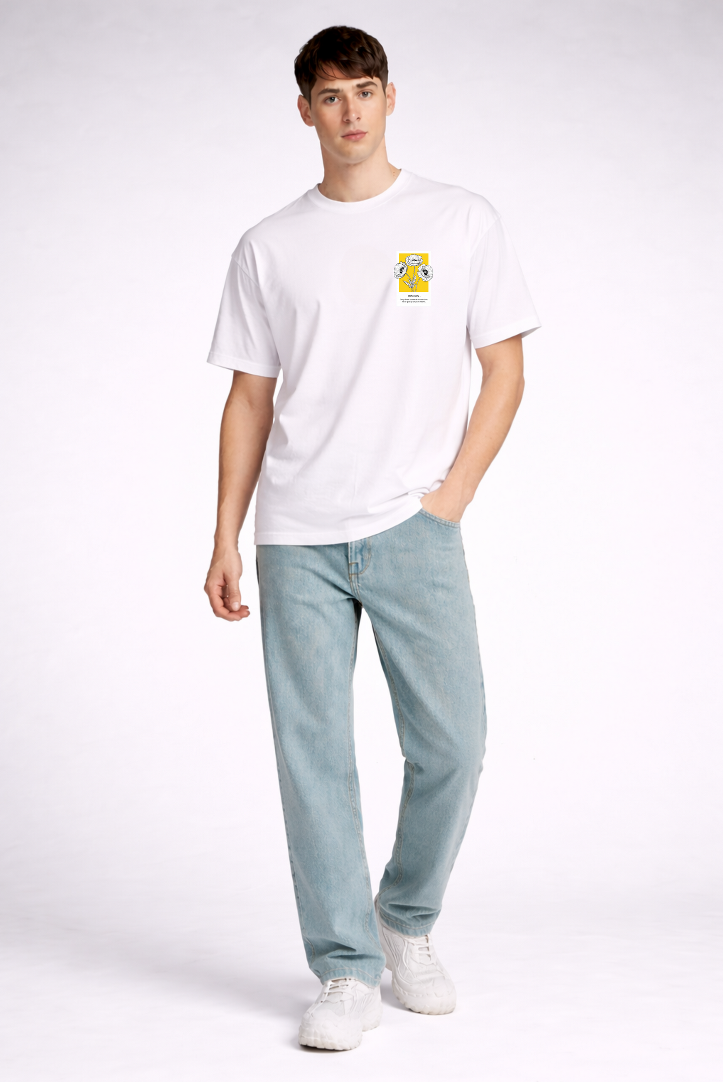 White floral print oversized t-shirt men - full body pose