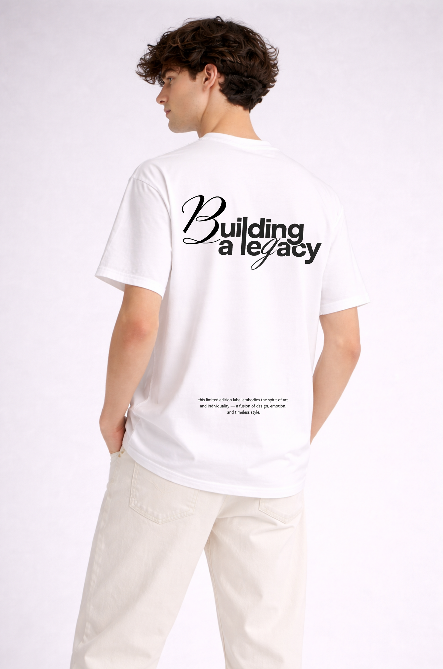 White graphic print t-shirt men - side view close
