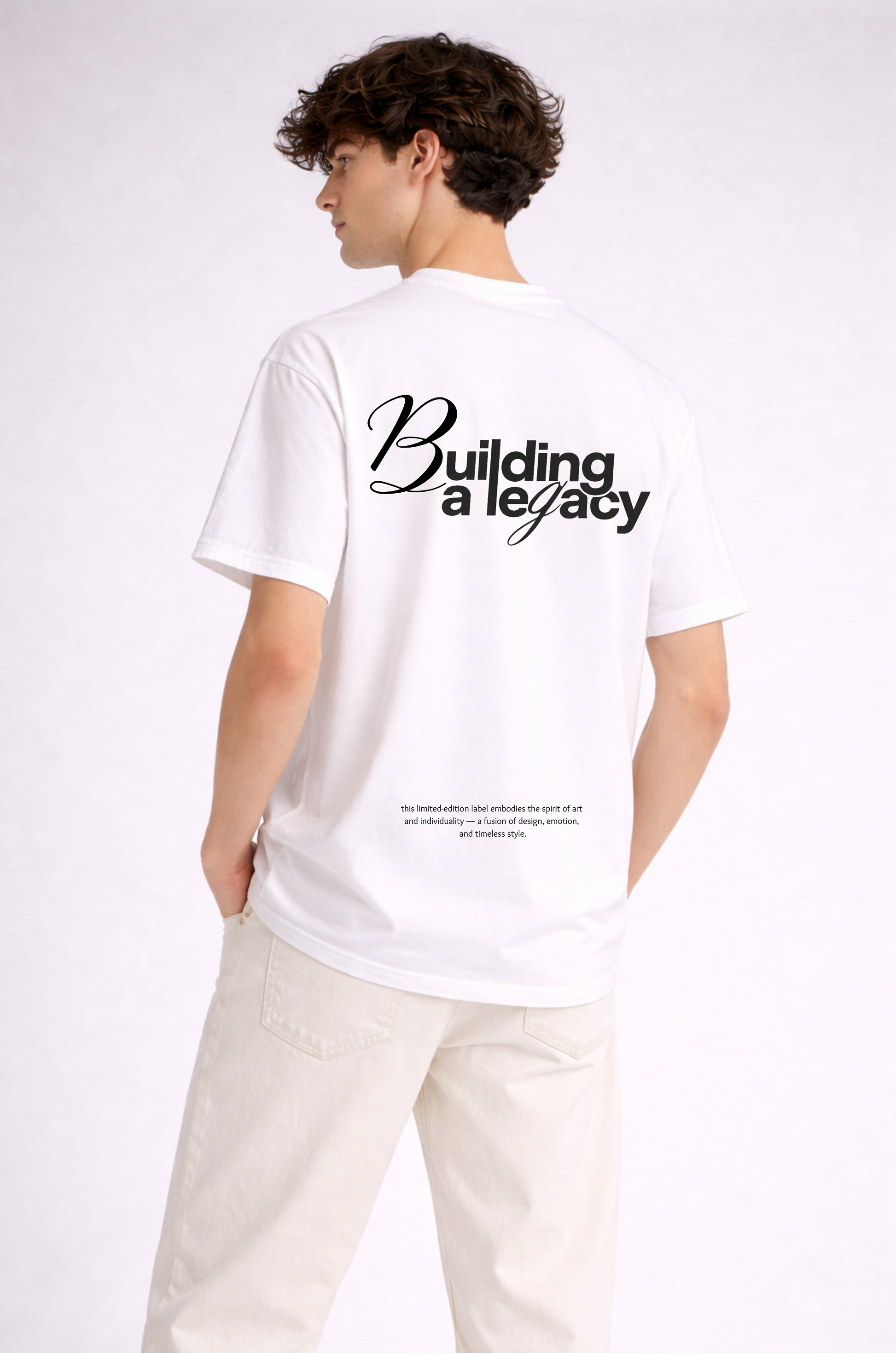 White graphic print t-shirt men - side view close