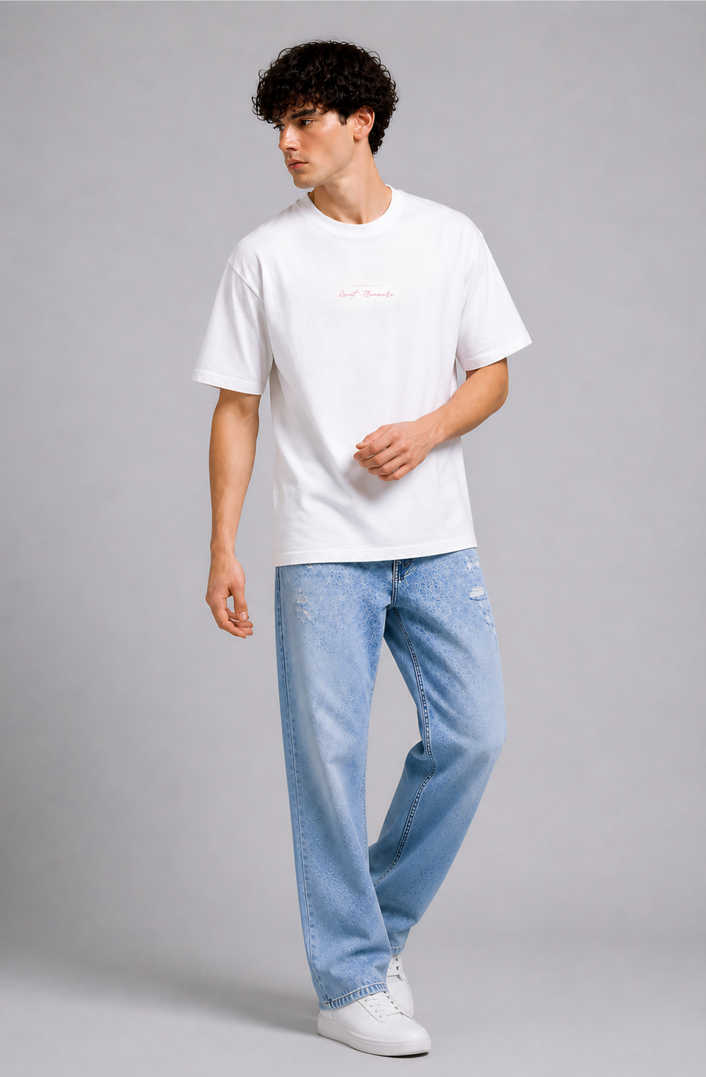 White pink graphic oversized t-shirt men - full body pose