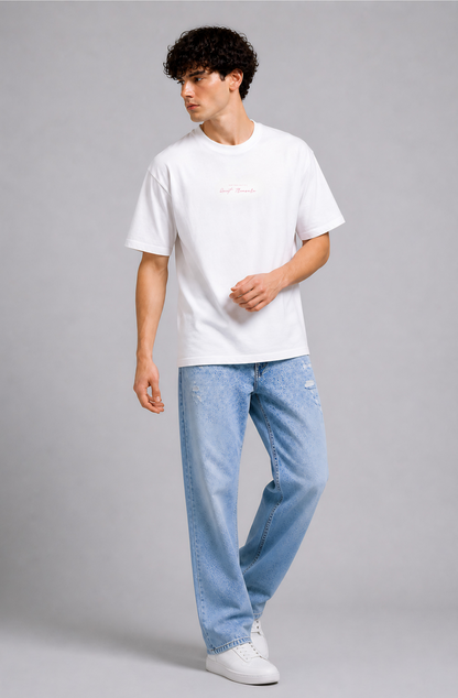 White pink graphic oversized t-shirt men - full body pose