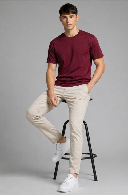 Maroon oversized t-shirt men - seated pose close view