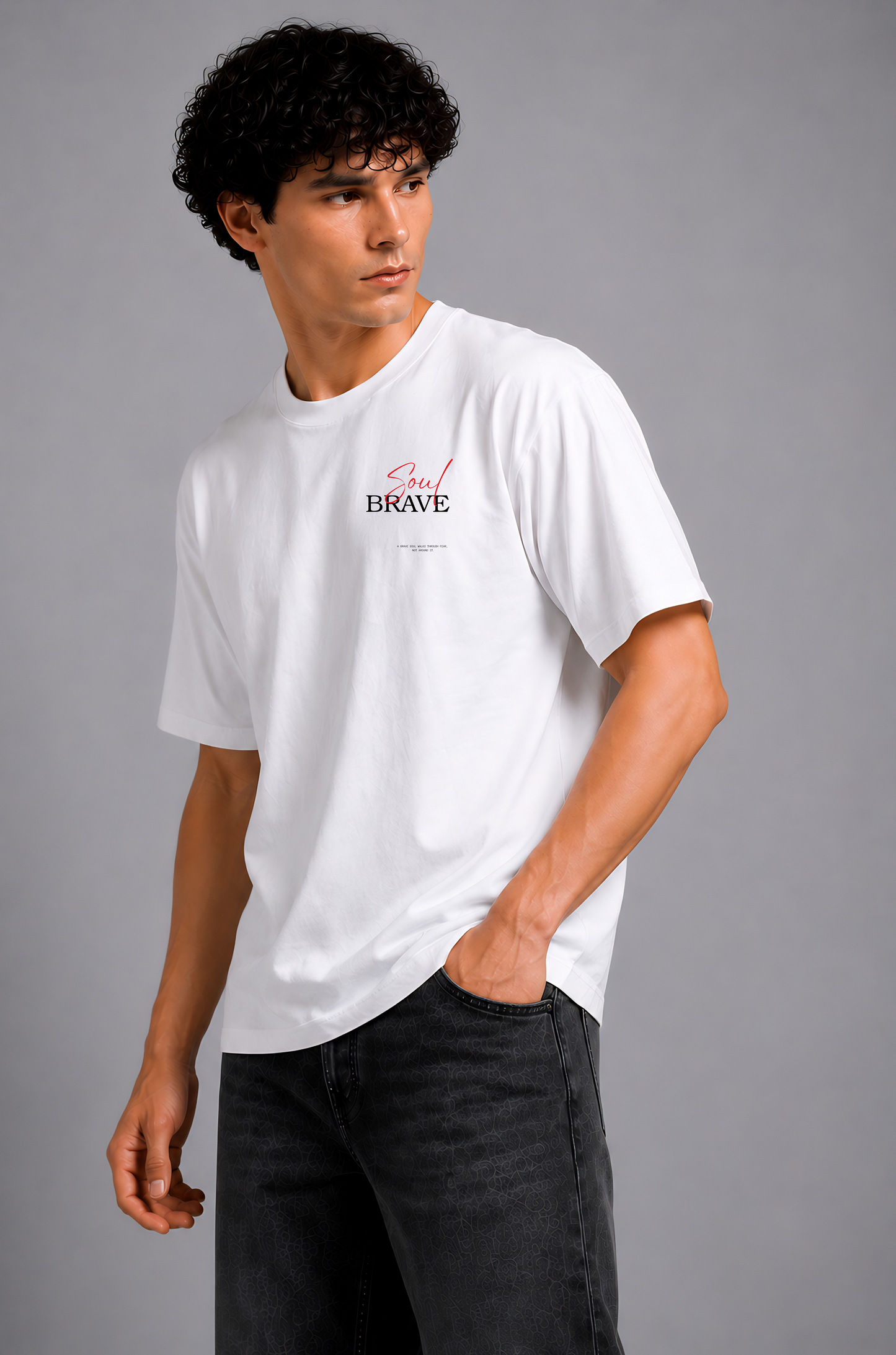 White graphic print t-shirt men - three-quarter walking pose