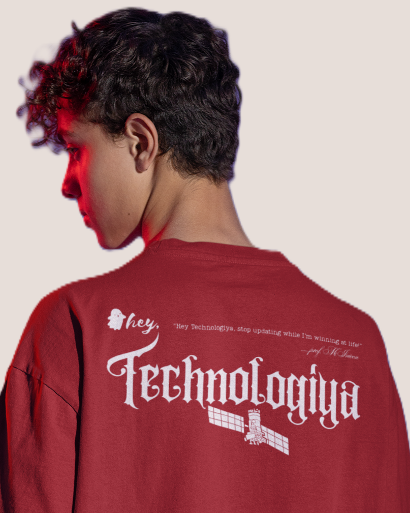 Red graphic print oversized t-shirt men - back view text print