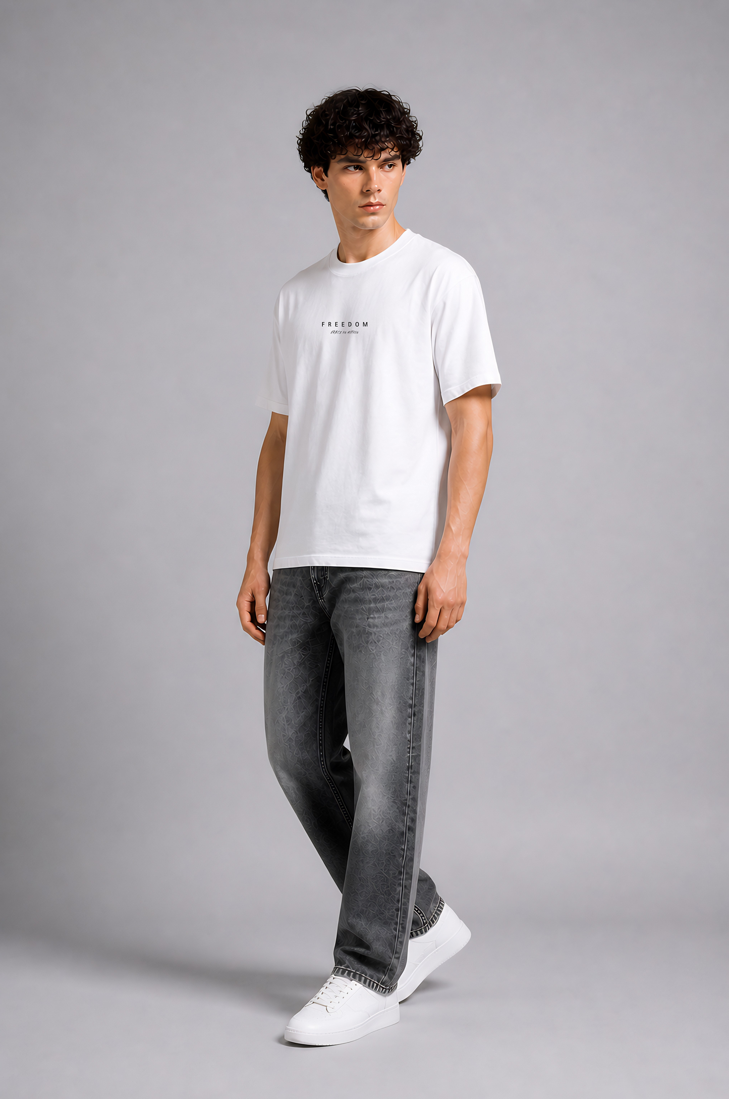 White graphic print t-shirt men - side pose walking