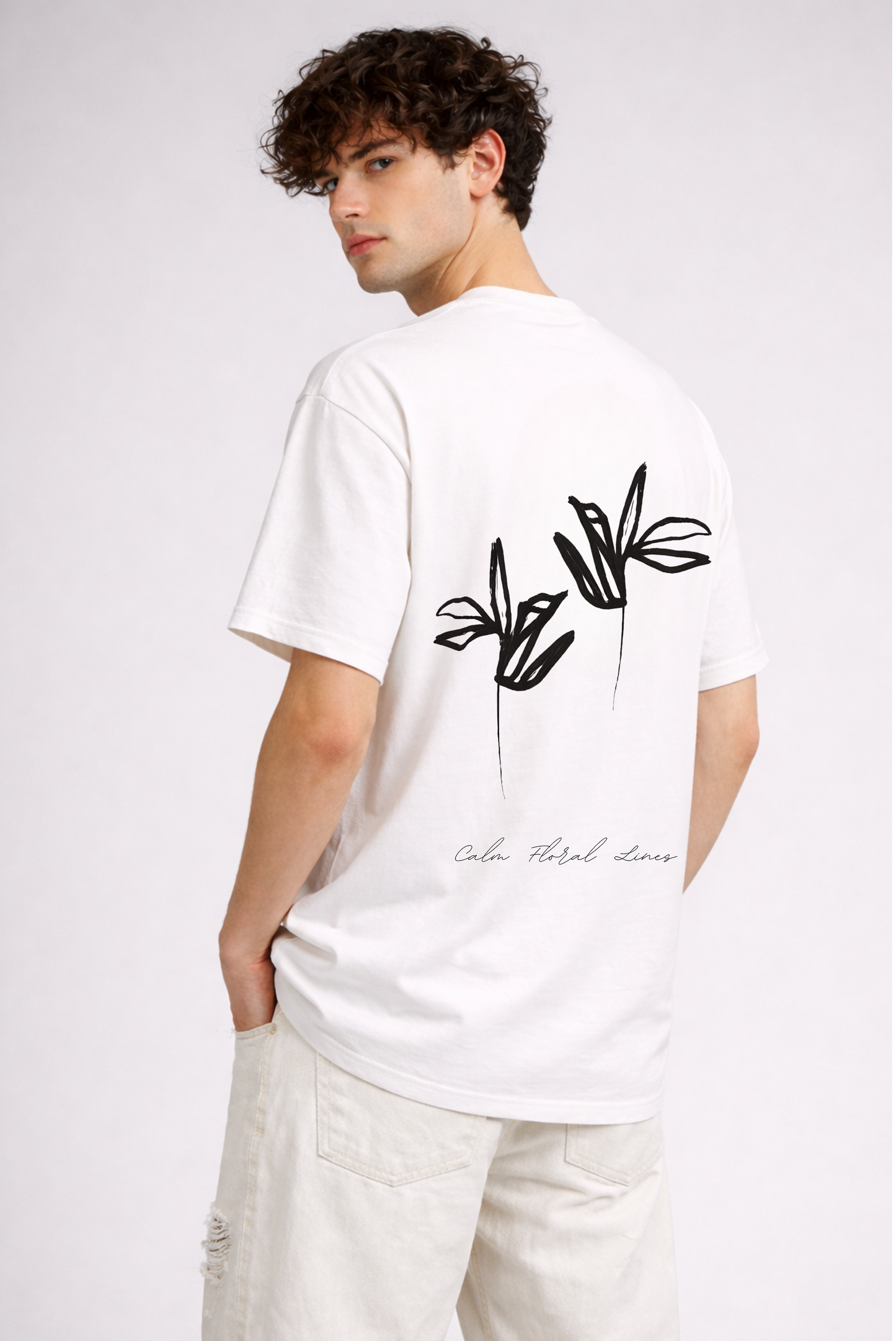 White botanical print t-shirt men - three-quarter angle