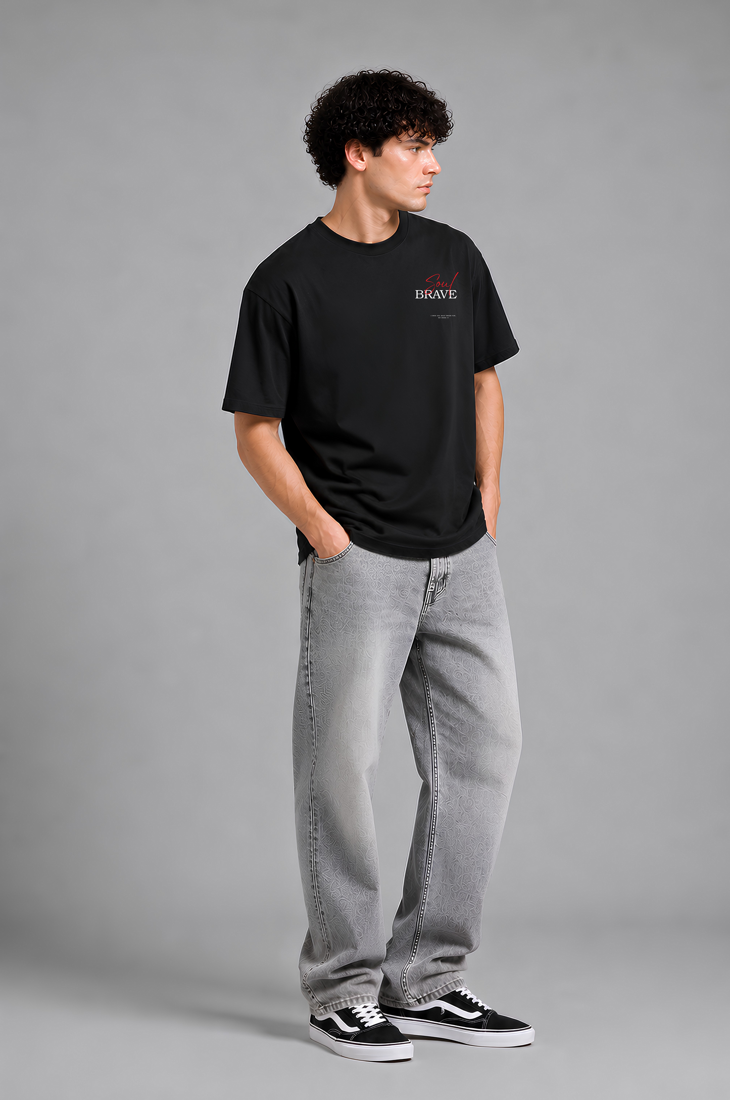 Black graphic print t-shirt men - side pose walking
