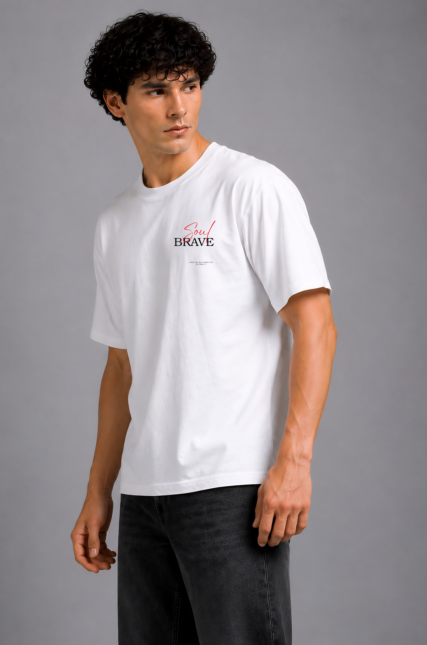White graphic print t-shirt men - standing side pose