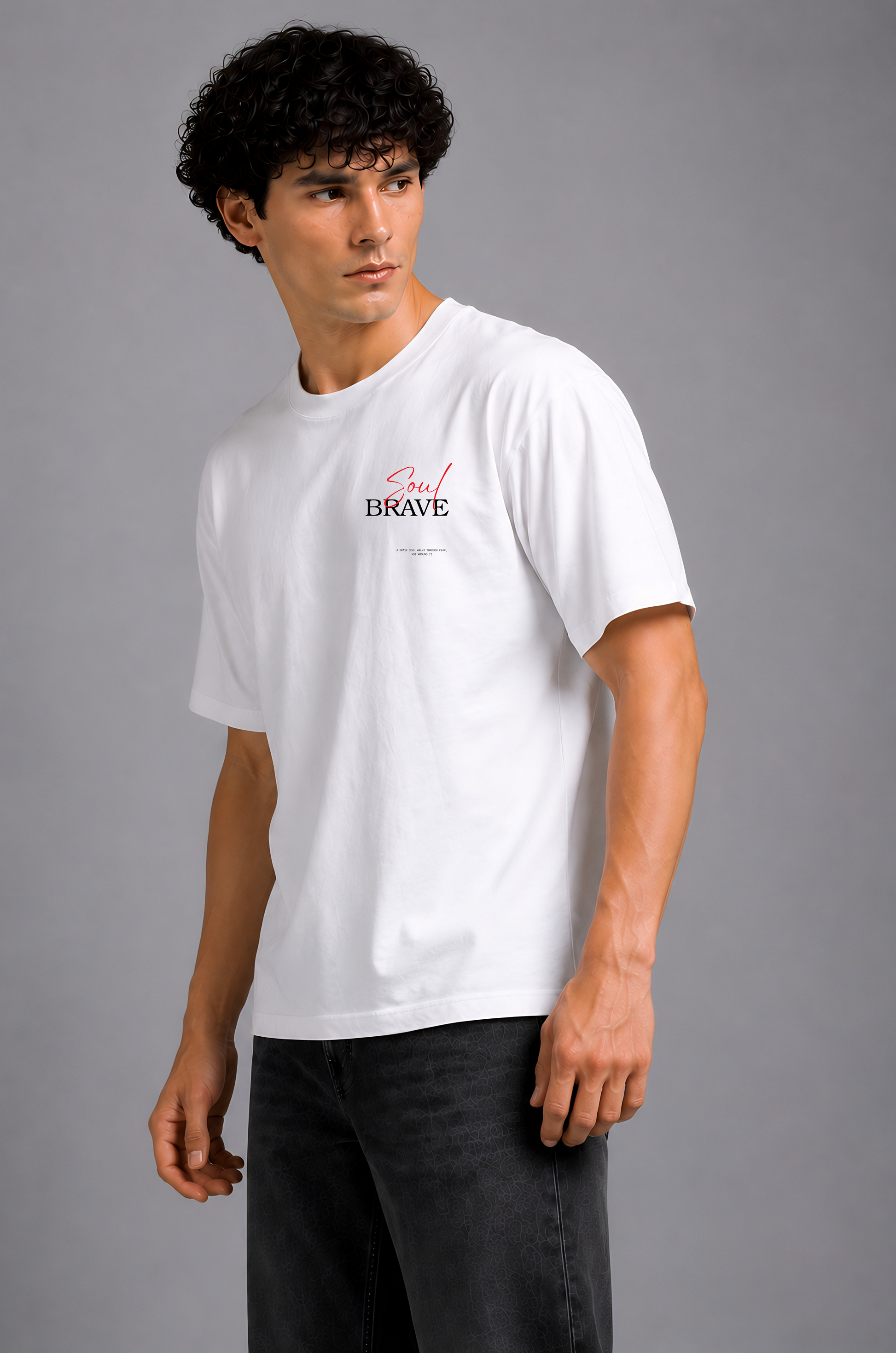 White graphic print t-shirt men - standing side pose