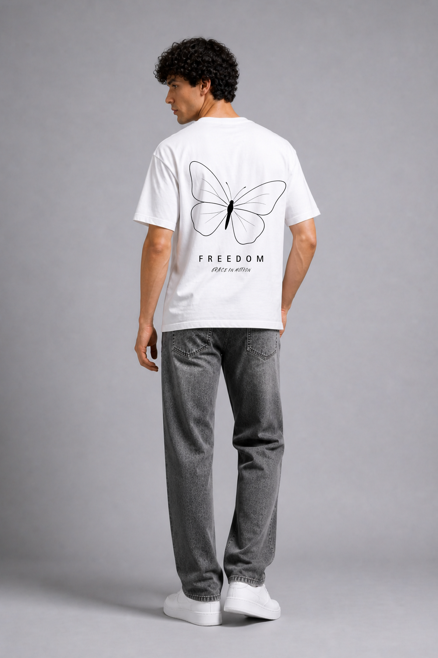 White graphic print t-shirt men - side profile close