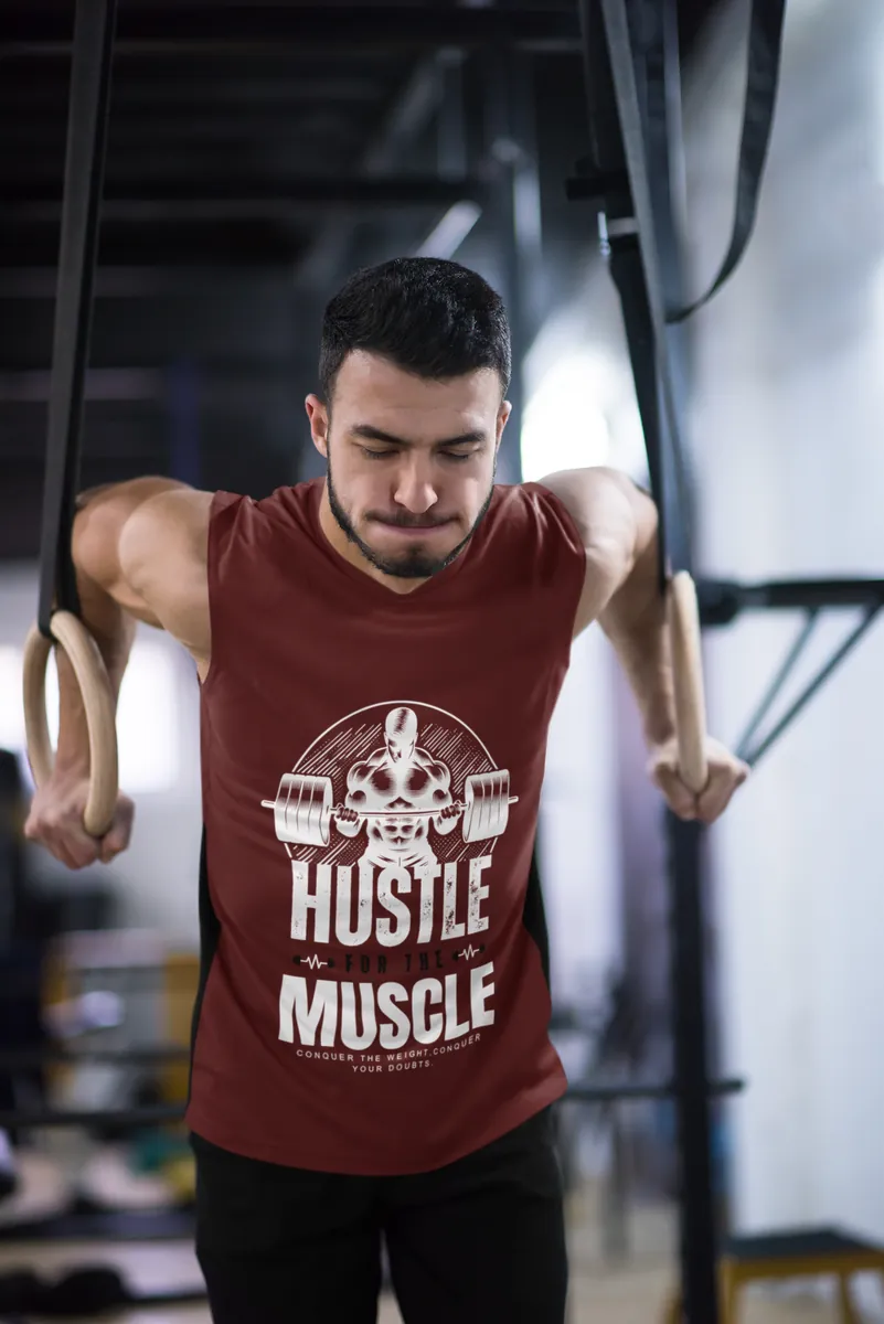 Hustle for the Muscle Maroon Gym Vest Minicon Hustle for the Muscle Maroon Gym Vest printed t-shirt for men